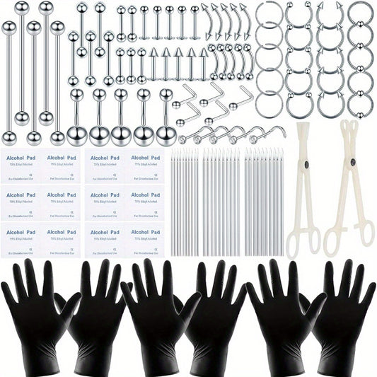 120PCS Body Piercing Kit Surgical Steel 14G 16G 20G BCR CBR Labret Lip Rings Cartilage Daith Earrings Nose Septum Nose Studs Belly Button Rings Piercing Jewelry Needles Gloves Clamps Tools