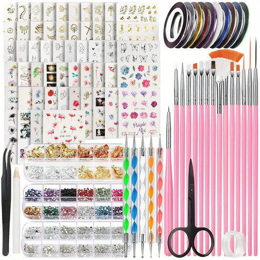 Nail Art Decorations & Brushes Set, Nail Art Brushes, Dotting Tools, 54 Sheets Water Transfer Nail Art Stickers, Nail Striping Tape, Nail Foils, Rhinestones For Nails, with Tweezer & Scissors