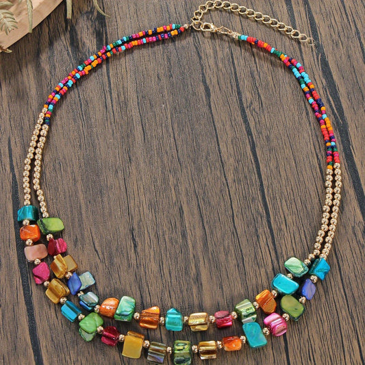 Vintage Ethnic Style Colorful Shell and Rice Bead Necklace - Perfect for Boho Parties