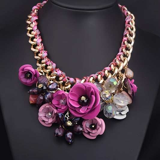 1pc Bohemian Chic Floral Gem Necklace - Retro Style Colored Cord Collarbone Chain, Fashionable Women's Accessories for Christmas and Thanksgiving Gifts