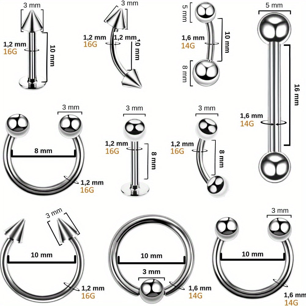 120PCS DIY Piercing with Pink Earrings body Piercing Kit Surgical Steel 14G 16G 20G BCR CBR Labret Lip Rings Cartilage Daith Earrings Nose Septum Nose Studs Belly Button Rings Jewelry Needles Gloves Clamps Tools