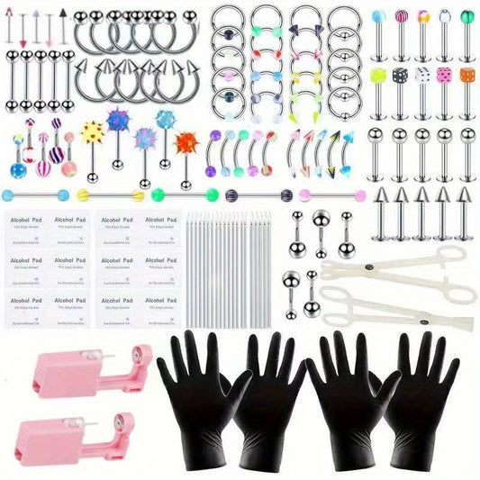 130PCS Body Piercing Kit Surgical Steel 14G 16G BCR CBR Labret Lip Rings Cartilage Daith Earrings Nose Septum Nose Studs Belly Button Rings Jewelry Needles Gloves Clamps Tools Pink piercing nail set