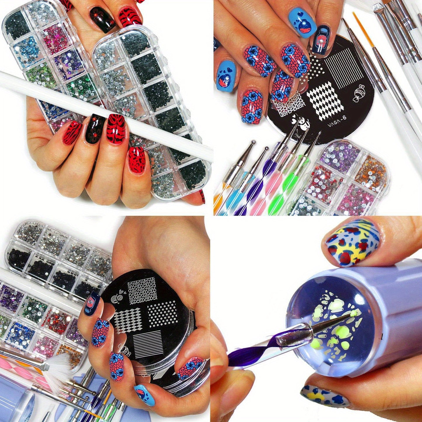 VAGA Manicure Set Nail Art Supplies Nail Kit 2 Boxes of 1500 Gemstones, Crystals, Gems, Stampers Scrapers, Stamping Plates, Dotting Tools, Nails Brushes and Rhinestones Decorations Picker Pencil